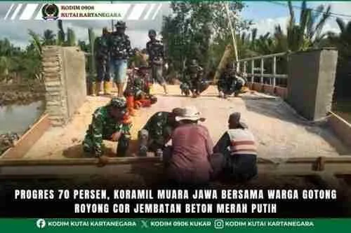Progres 70 Persen, Koramil Muara Jawa Bersama Warga Gotong Royong Cor Jembatan Beton Merah Putih